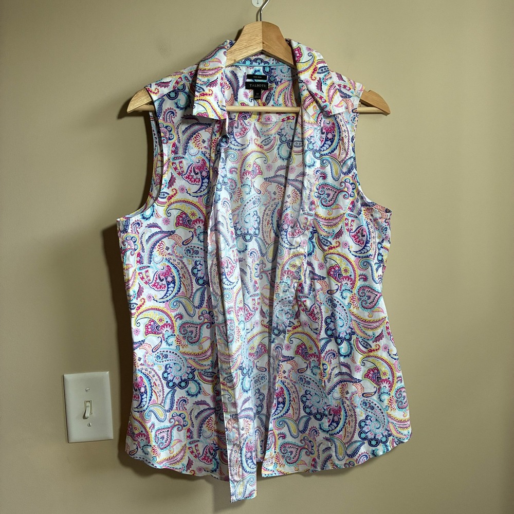 Talbots Non-Iron Sleeveless Button Up 14 Multi Paisley Womens Cotton Shirt